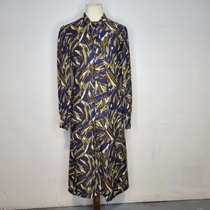 Vintage 70s Vera Maxwell Long Sleeve Maxi Dress Beige Blue Pattern Size 10